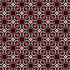 Seamless pattern patchwork design. Black, red and white print with pixel tiles. Suitable for bed linen, leggings, shorts and fashion industry.