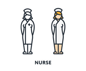 Female Doctor Nurse Woman Girl Character Uniform. Vector Flat Line Stroke Icon.