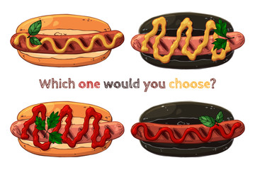 Group of vector colorful illustrations on the fast food theme; set of different kinds of hotdogs. Isolated objects for your design.