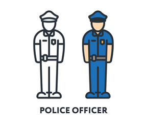 Police Officer Cop Character Uniform Cap. Vector Flat Line Stroke Icon.