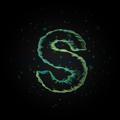 Microscopic letter S uppercase. 3D rendered nano font with tiny particles on black background