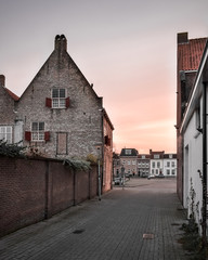 Sunset over the canal houses in Bergen op Zoom, the Netherlands