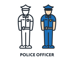 Police Officer Cop Character Uniform Cap. Vector Flat Line Stroke Icon.