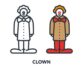 Red Hair Clown Character Nose Bow Boots Costume. Vector Flat Line Stroke Icon.