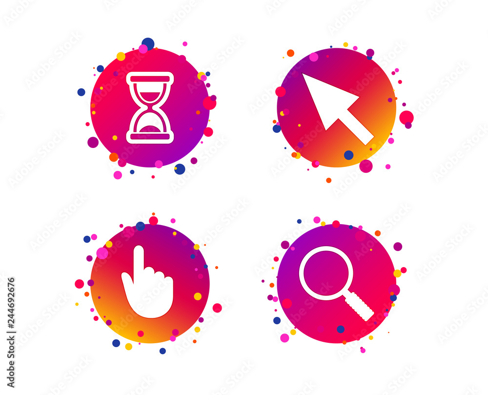 Poster mouse cursor and hand pointer icons. hourglass and magnifier glass navigation sign symbols. gradient