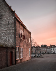 Sunset over the canal houses in Bergen op Zoom, the Netherlands