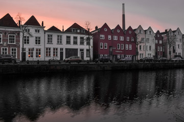 Sunset over the canal houses in Bergen op Zoom, the Netherlands