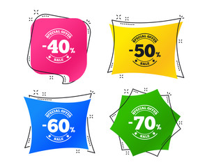 Sale discount icons. Special offer stamp price signs. 40, 50, 60 and 70 percent off reduction symbols. Geometric colorful tags. Banners with flat icons. Trendy design. Vector