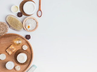 Spa, massage and body care items and products, top view.