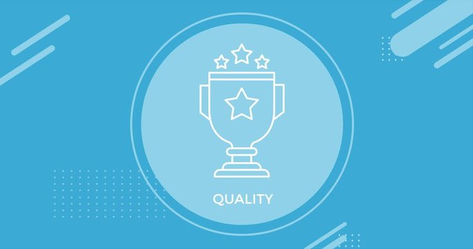 Quality core values animated icon with a leadership cup in blue and white.