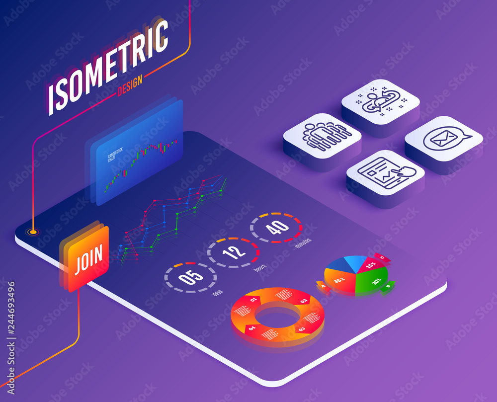 Poster isometric vector. set of recruitment, group and messenger icons. internet report sign. manager chang