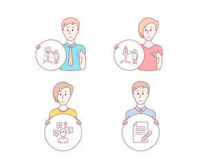 People hand drawn style. Set of Quiz test, Launch project and Creative idea icons. Article sign. Interview, Business innovation, Startup. Feedback.  Character hold circle button. Man with like hand