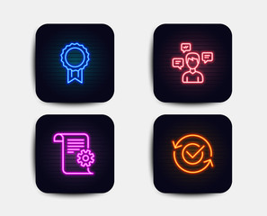 Neon glow lights. Set of Technical documentation, Conversation messages and Reward icons. Approved sign. Manual, Communication, Best medal. Refresh symbol.  Neon icons. Glowing light banners. Vector