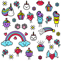 Set of funny illustrations in kawaii style on a white background. Flat illustrations for design.