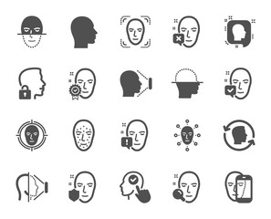 Fototapeta premium Face recognition icons. Set of Facial biometrics detection, scanning and unlock system icons. Facial scan, identification, Face id. Confirmed person, Biometrics access, Unlock smartphone. Vector
