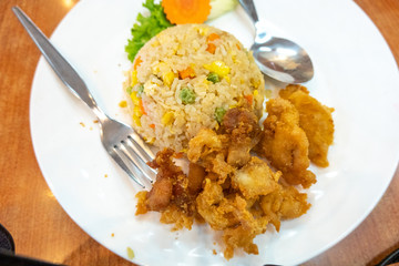 Chicken fries rice with close up view
