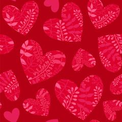 Seamless vector pattern with bloom hearts in ruby colors. Saint Valentines day background.