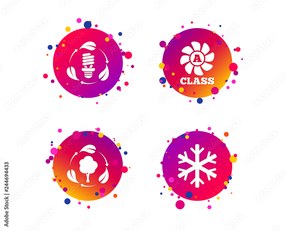 Poster fresh air icon. forest tree with leaves sign. fluorescent energy lamp bulb symbol. a-class ventilati