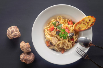 Pasta with mushrooms in a creamy sauce. Fettuccine