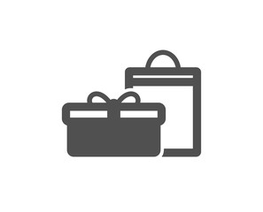Gift box with bag icon. Present or Sale sign. Birthday Shopping symbol. Package in Gift Wrap. Quality design element. Classic style icon. Vector