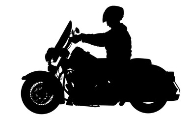 Biker driving a motorcycle rides along the asphalt road vector silhouette illustration. Freedom activity. Road travel by bike. Man on bike silhouette. Motorbike rider silhouette. 