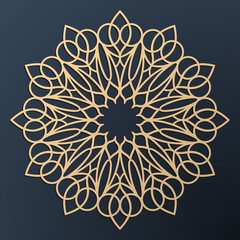 Laser cutting mandala. Golden floral pattern. Oriental silhouette ornament. Vector coaster design.