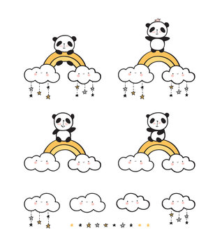 Set of cute pandas, gold rainbows, happy clouds and stars. Hand drawn illustration for your design, doodles, sketch. Vector.