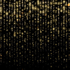 Sparkling of shimmering light blurs. Christmas and New Year effect. Glitter threads of curtain backdrop on black. Gold particles lines rain. Fashion strass drops with shiny sequins. EPS 10