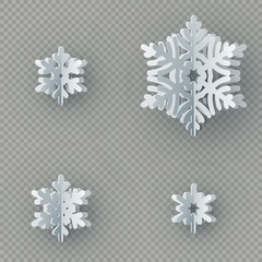 Set of nine different paper snowflake cut from paper isolated on transparent background. Merry Christmas, New Year winter theme decoration object. EPS 10