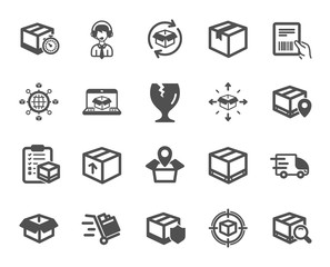 Logistics, Shipping document icons. Set of Truck Delivery, Box and Checklist icons. Parcel tracking shipping, World trade logistics. Location pin, Goods parcel insurance and document. Vector