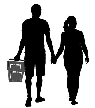 Couple holding hand and walking in shopping market vector silhouette illustration. People with consumer basket buy food and another goods. Happy family grocery shopping in supermarket. Man and woman. 