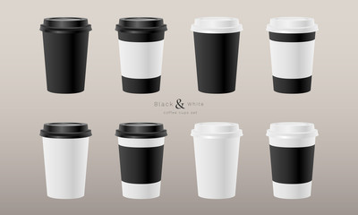 Paper coffee cups set black and white color disposable realistic 3d template mockup blank vector EPS 10