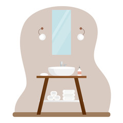 Interior of the bathroom with furniture. Flat cartoon style. Vector illustration
