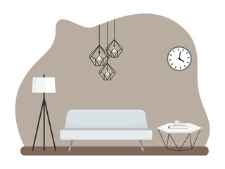 Interior of the living room with furniture. Flat cartoon style. Vector illustration