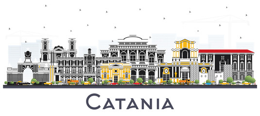Catania Italy City Skyline with Gray Buildings Isolated on White. - obrazy, fototapety, plakaty