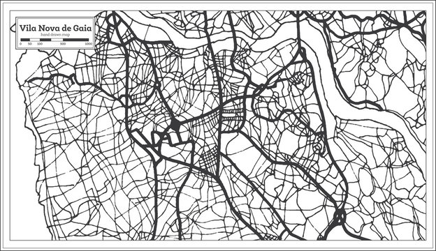 Vila Nova de Gaia Portugal City Map in Retro Style. Outline Map.