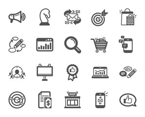 Marketing, research icons. Set of Strategy target, Feedback, Advertisement campaign icons. Research marketing, Communication and Keywords. Chess Knight, Target, Mail. Business strategy. Vector