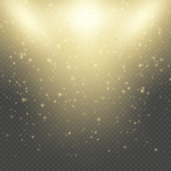 Christmas or New Year glowing sparkles rain. Abstract gold glitter space nebula shine effect. Golden dust overlay layer. Twinkling confetti, shimmering dot lights. EPS 10