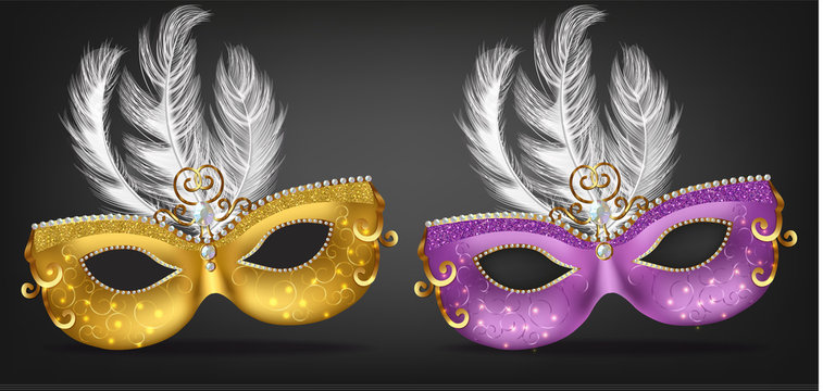 Golden and purple mask with feathers Vector realistic. Stylish Masquerade Party. Mardi Gras card invitation. Night Party Poster. Dance Flyer. Musical festival banner templates
