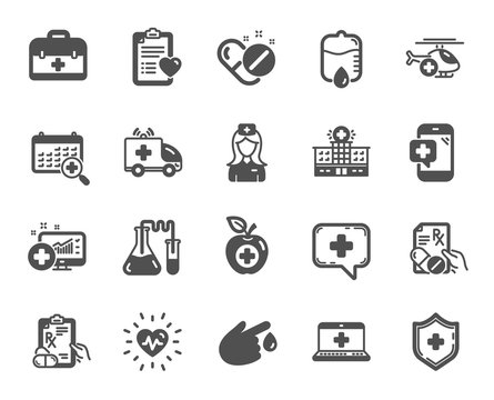 Medical rx icons. Hospital assistance, Ambulance, Health food diet, Laboratory tubes icons. First aid kit, Medical doctor, Prescription Rx recipe. Drop counter, Ambulance emergency car. Vector