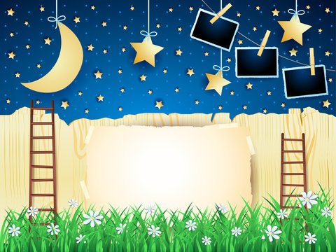 Surreal landscape with ladders, hanging moon and photo frames