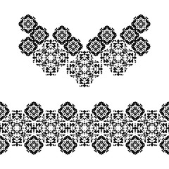 Necklace and border in american indian style. Embroidery dotted schemes. Triangle navajo neckline and stripe. Textile geo prints. Beading chevron design. Tattoo belt.