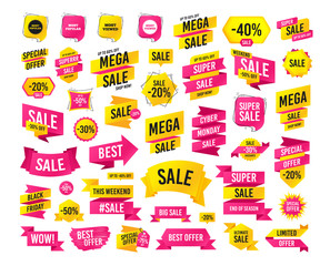 Sales banner. Super mega discounts. Most popular star icon. Most viewed symbols. Clients or customers choice signs. Black friday. Cyber monday. Vector © blankstock