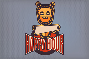 Robot with banner in his hands. Happy hour lettering. Retro styled vector image