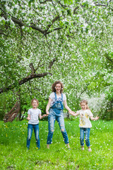 Obraz premium Family walks in blooming apple orchard in spring