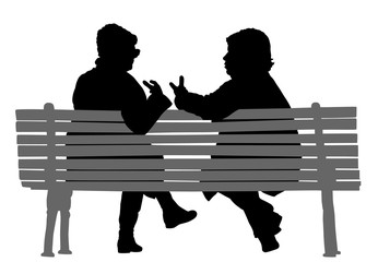 Women gossip at the break. Senior lady friends sitting on bench and talking in public park. Grandmothers spread rumors vector silhouette illustration. Backbite senior girls. Outdoor relaxation.