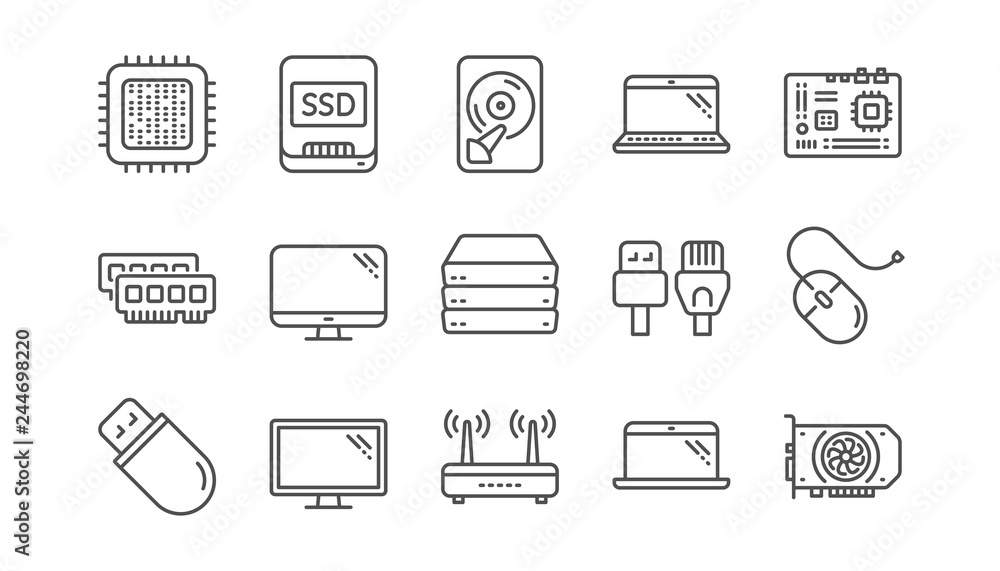 Poster computer device line icons. motherboard, cpu and laptop. ssd memory linear icon set. vector