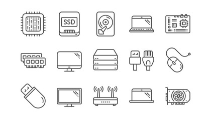 Computer device line icons. Motherboard, CPU and Laptop. SSD memory linear icon set.  Vector