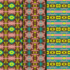 Fototapeta na wymiar Set of 3 seamless patterns tribal design. Ethnic textile prints. Vector fashion backgrounds.