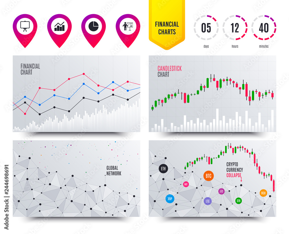 Poster financial planning charts. diagram graph pie chart icon. presentation billboard symbol. man standing